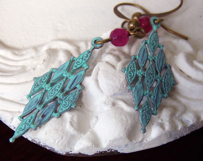Brass Patina Earrings Turquoise Ruby Gemstone Earrings Bohemian Earrings Boho Gypsy Earrings Brass Stamping