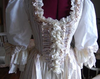 Silk and cotton peasant Victorian Marie Antoinette costume dress with bodice skirt petticoat
