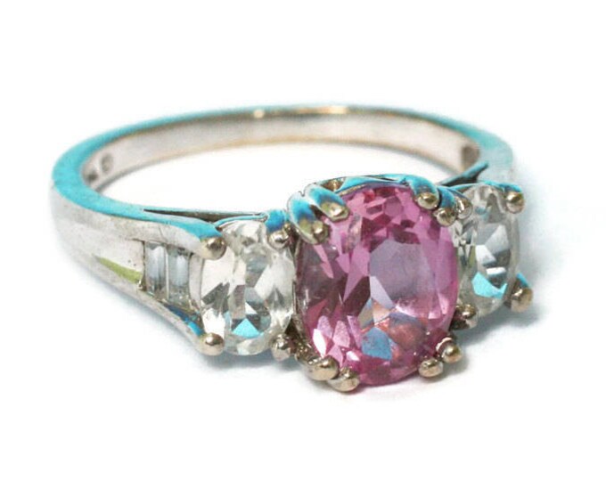 CZ Pink and Clear Stone Ring Gemstone Sterling Cocktail Dinner Ring Vintage Size 7