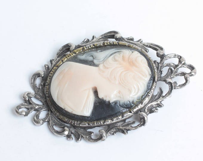 Molded Resin Cameo Brooch Off White and Black Fancy Silver Tone Frame Mid Century