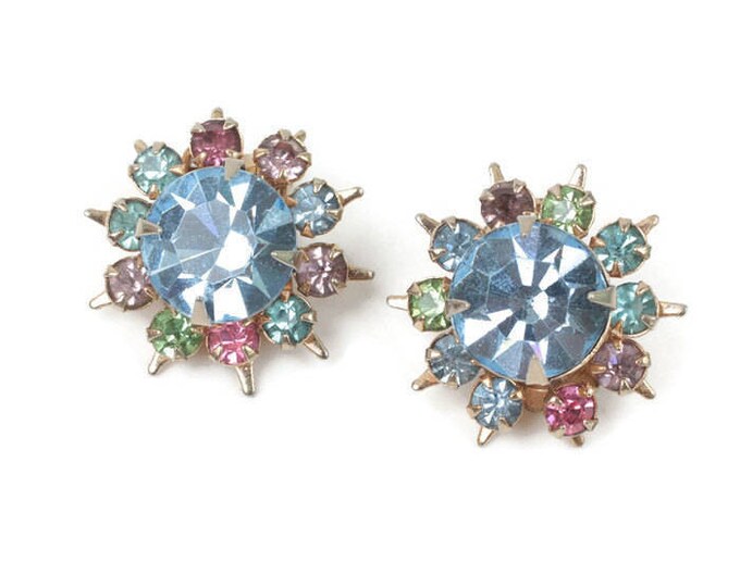 Blue Rhinestone Earrings Multi Color Rhinestones Starburst Design Vintage