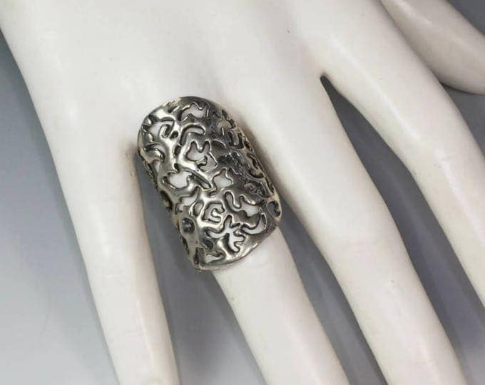 Large Filigree Sterling Statement Ring Size 8 1/2 Knuckle Duster Pierced Vintage Ring