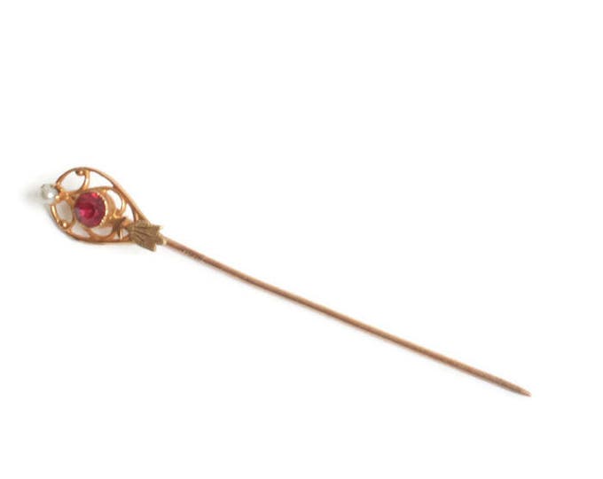 10K Gold Stickpin Simulated Ruby and Seed Pearl Victorian Pin