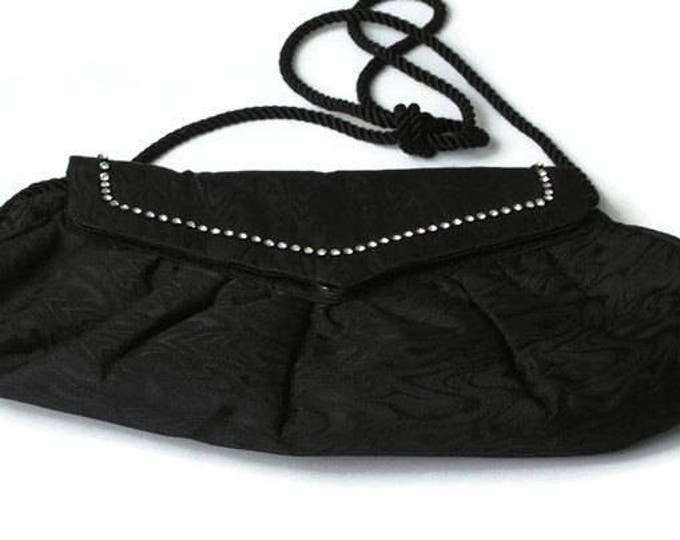 Black Fabric Evening Handbag Purse Rhinestone Accents Whiting and Davis Vintage