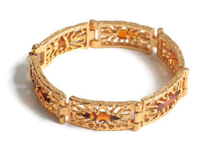 Topaz Amber Glass Navette Bracelet Gold Plated SHP Signed Vintage