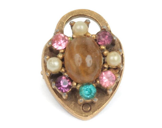 Coro Heart Padlock Pin Faux Pearls Gemstones Small Petite Vintage