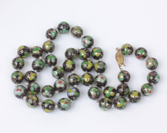 Green and Black Cloisonne Bead Necklace Porcelain Beads Vintage