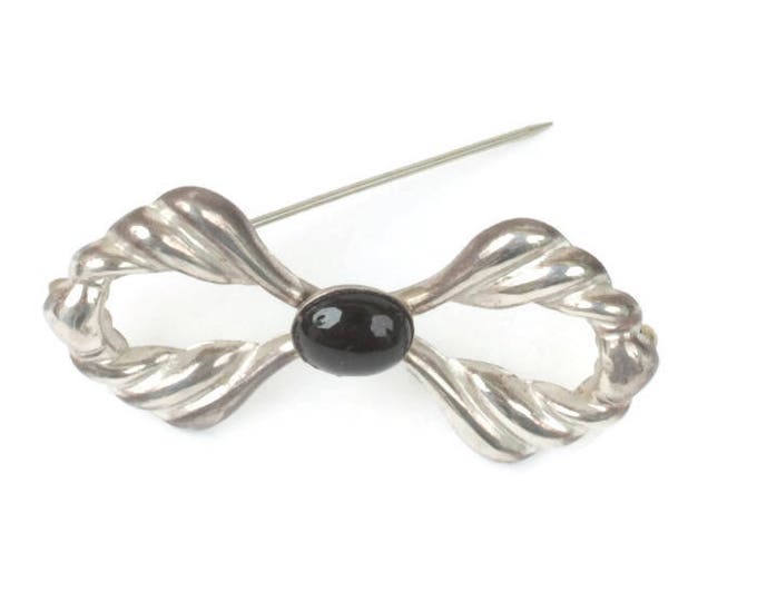 Sterling Silver and Onyx Bow Pin Brooch Open Repousse Design Vintage