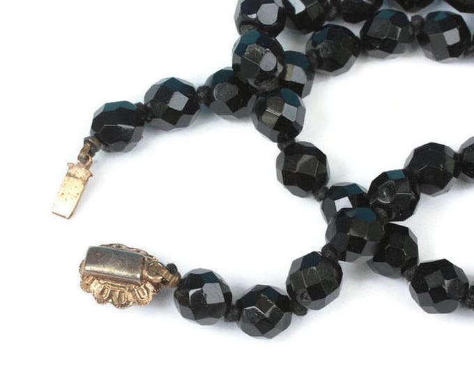 Faceted Black Glass Bead Necklace 19 Inches Fancy Clasp