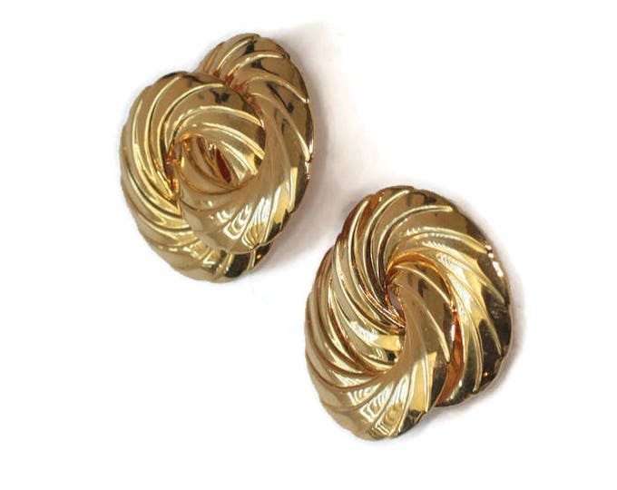 Bold Dimensional Swirl Earrings Gold Tone Metal Interlocking Circles Clip On Vintge