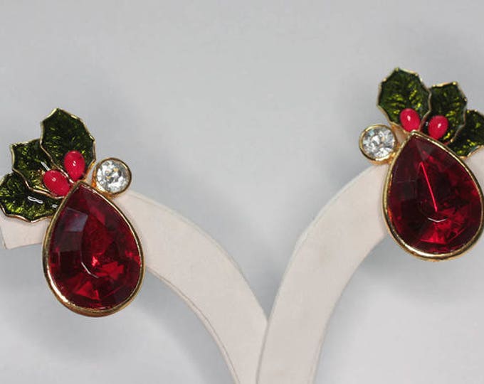 Avon Red Rhinestone Holly Earrings Enameled Leaves and Berries Clip On Style Christmas Holiday