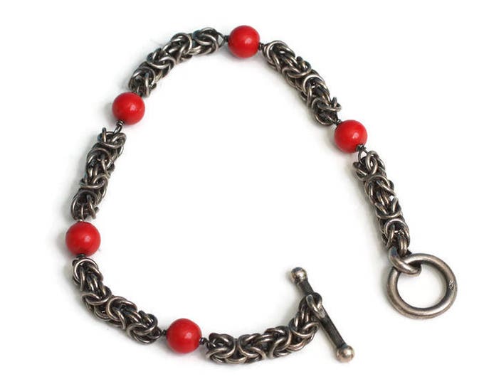 Sterling Silver Byzantine Link Bracelet with Red Beads Signed India Vintage