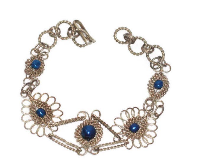 Silver Filigree Bracelet Bright Blue Beads Vintage