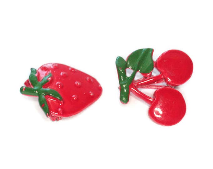 Enameled Red Cherry and Strawberry Scatter Pins Vintage