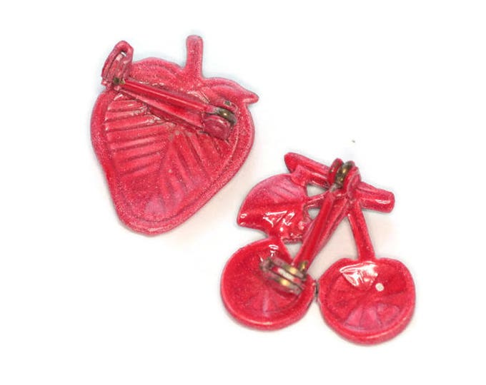 Enameled Red Cherry and Strawberry Scatter Pins Vintage