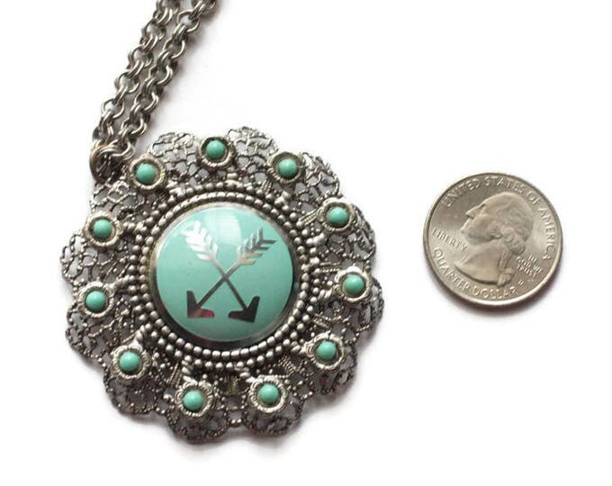 Faux Turquoise Necklace Crossed Arrow Design Southwestern Festival Boho Vintage