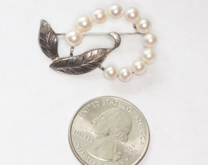 Cultured Pearl and Silver Swirled Leaf Pin Gift Wedding Vintage