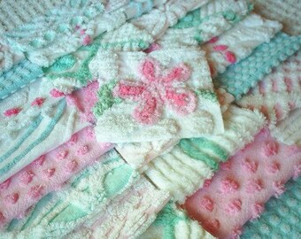 Vintage Chenille Bedspread Squares in Aqua and Pink with Flower-Sweet-42-6"