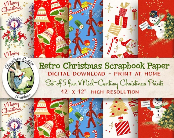 Retro Christmas Paper Digital Christmas Scrapbook Paper