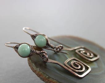 Artisan Greek spirals copper earrings with herringbone wrapped amazonite stones - Threader earrings - Statement earrings - ER016