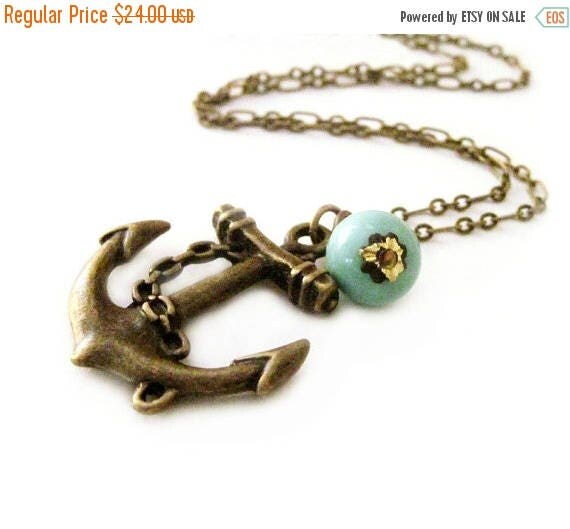 Nautical Anchor Necklace Vintage Turquoise Necklace Resort