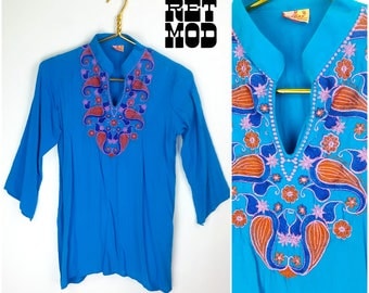 WOW! Vintage 70s Blue Hippie Tunic with Pink & Orange Psychedelic Embroidery