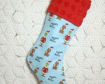 Naughty or Nice Stocking | Novelty Child's Christmas Stocking Made from The Grinch Fabric | Vintage Chenille Cuff