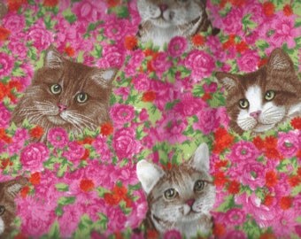 CAT FACES on Flowered Flannel Fabric - One yard x 42" wide -