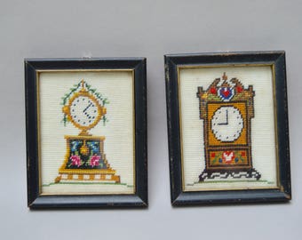 2 Vintage Small Needlepoint Frames . Antique Clocks . Framed Needle Point Pictures.