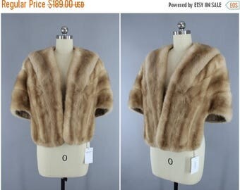 FLASH SALE - Vintage 1940s Fur Stole / 1950s Fur Shawl Wrap / Tan Light Brown / Winter Wedding / Wolf's Furs Des Moines / Mid-Century Mad Me