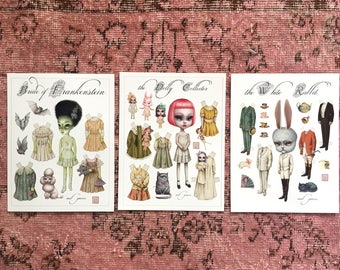 Set of Three Paperdolls - Special - Bride of Frankenstein, Dolly Collector, White Rabbit paper art doll sheet set - by Mab Graves