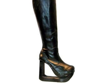 Cybergoth Clubkid 90s Platform Boots Vintage NYLA Womens Knee High Black Leather Cutout Wood Bottom Platform Boots Wms US Sz 11 Made in USA