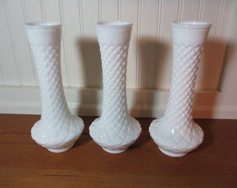 3 White Milkglass Bud Vases, Milk Glass, Wedding, Event Planning, Decor LOT 22