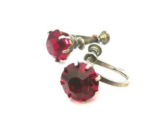Vintage Sterling Silver Red Rhinestone Earrings, Screw Back Vintage Earrings