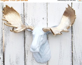 ON SALE Gold and White Moose Head /Faux Taxidermy / Gold Moose Antler / Moose Wall Decor /White Moose Head / Moose Head Wall Bust
