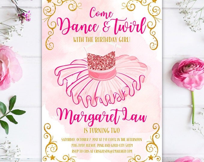 Dance and Twirl Tutu Ballerina Birthday Party Invitation, Pink and Gold Glitter Tutu Ballerina Princess Printable Birthday Party Invite
