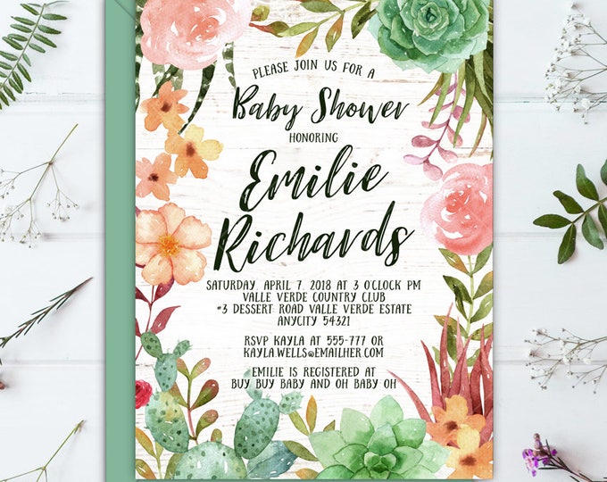 Succulents Cactus Boho Sweet Floral Baby Shower It's a Girl Printable Invitation