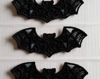 UK Set of 3 Black gothic lace bat applique on petrol blue organza, trimming, choker centerpiece, cuff, hand made