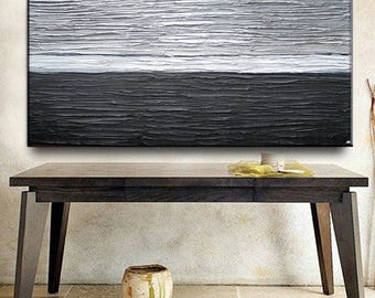 SALE 60 x 30 Large Original Abstract Heavy Impasto Texture Black Pewter Silver White Modern Oil Painting by Je Hlobik