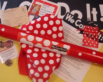 RtR-4. Ultimate Rosie the Riveter DIY Kit--Many Accessories-Bandana, Metal Collar Pin, 2-Sided Poster, Rivets, Recipes, Ration Book...