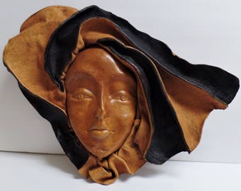 Vintage leather face mask or wall hanging art woman girl