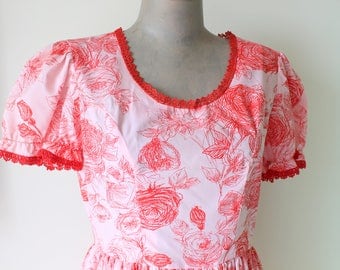 1960s Vintage GARDEN PARTY Ruffled Day Dress..size small to medium..red. pink. mod. novelty print. floral. retro. designer vintage