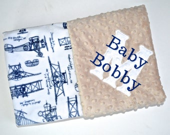 Monogrammed Baby Blanket - Minky Airplane Blanket, Navy Blue and Taupe / Tan, Personalized Plane blanket with Name, Custom Newborn Gift