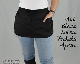 ALL BLACK waitress apron with zip pocket for money, Teacher- Vendor- Gardening- Photographer- Wedding Planner Apron, 2 sizes made-to-order