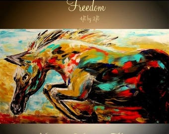 SALE ORIGINAL Abstract Oil gallery wrap canvas-Contemporary multicolor Oil Horse painting by Nicolette Vaughan Horner 48"x24"