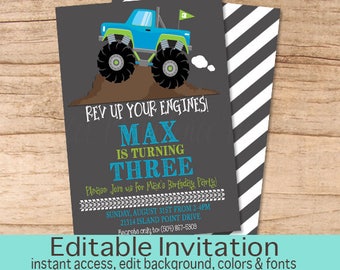 Monster Truck Birthday Invitation, Boys Birthday invitation, Monster Truck Invitation, Editable Birthday Invitation, Instant Download