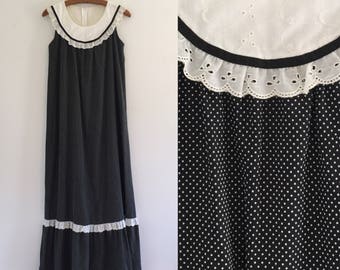 Vintage 70's Black & White Polka Dot Ruffled Maxi Dress S