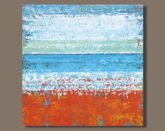 FREE SHIP large abstract art, landscape painting, abstract seascape painting, orange and blue, modern art, ocean painting, beach painting