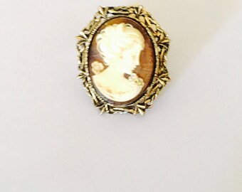 Large Vintage Cameo Brooch, Gold Tone, Art Deco, Victorian, Item No. B246