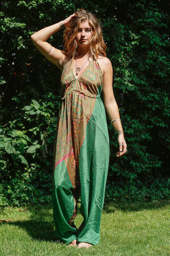 RUBY SPARROW JUMPSUIT - Limited Edition Jumpsuit- Handmade- Vintage Sari Jumpsuit- Festival- Hippie- Retro- Halterneck- 100% Silk- Couture
